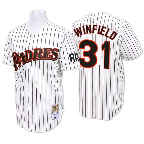 Men's Mitchell and Ness San Diego Padres #31 Dave Winfield Replica White/Blue Strip Throwback MLB Jersey
