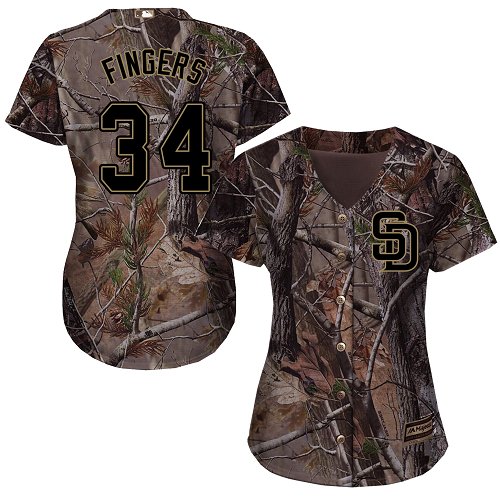 Women's Majestic San Diego Padres #34 Rollie Fingers Authentic Camo Realtree Collection Flex Base MLB Jersey